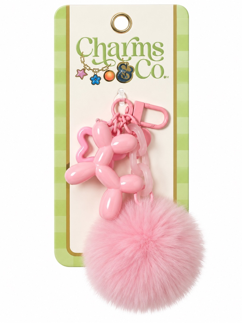Pink Balloon Dog & Fluffy Pom-Pom Bag Charm Keychain